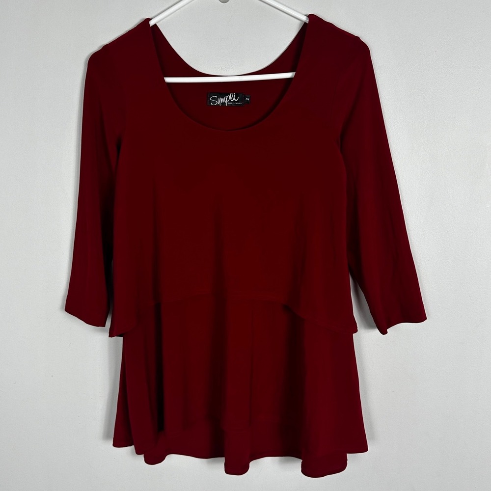 Sympli Canada Red Jersey Top Womens Size 2 Flattering Blouse Layering Round Neck